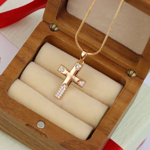 "Rose Gold Cross Pendant with Crystal Accents on Polished Surface, XPPT1611 - Picture 10 of 13